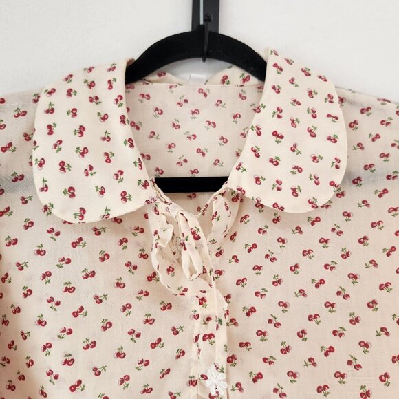 VTG Cherry Print Blouse Peter Pan Collar Long Sleeve Top Shirt Jacket Size L - Picture 3 of 11